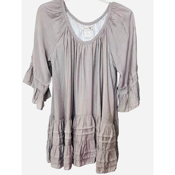 PAISLEY VINE 3/4 RAGLAN BELL SLV RND NECK MIDI BOHEMIAN DRESS, WOMENS, L, GREY - Picture 1 of 11